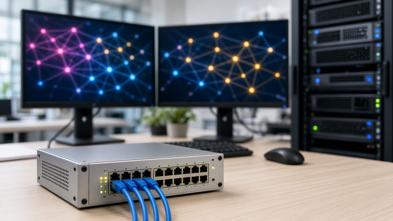 Firewall, Netzwerkkabel und Monitore mit einem Netzplan