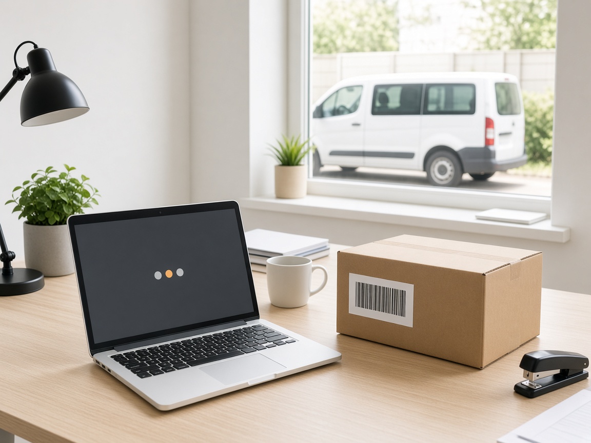 Paket mit Strichcode, Statuspunkte und ein Lieferwagen