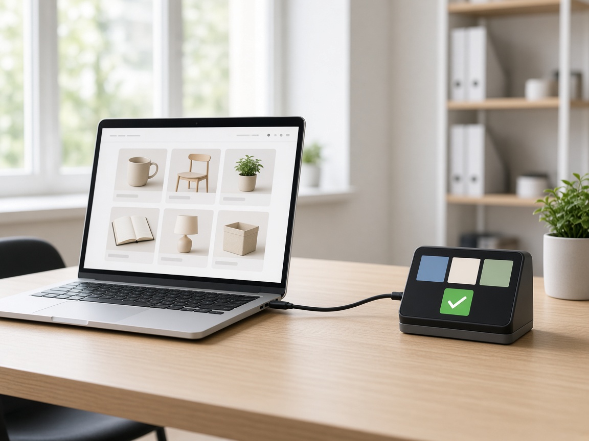 Shop auf dem Laptop, daneben ein getrenntes Zahlungsgerät mit Haken